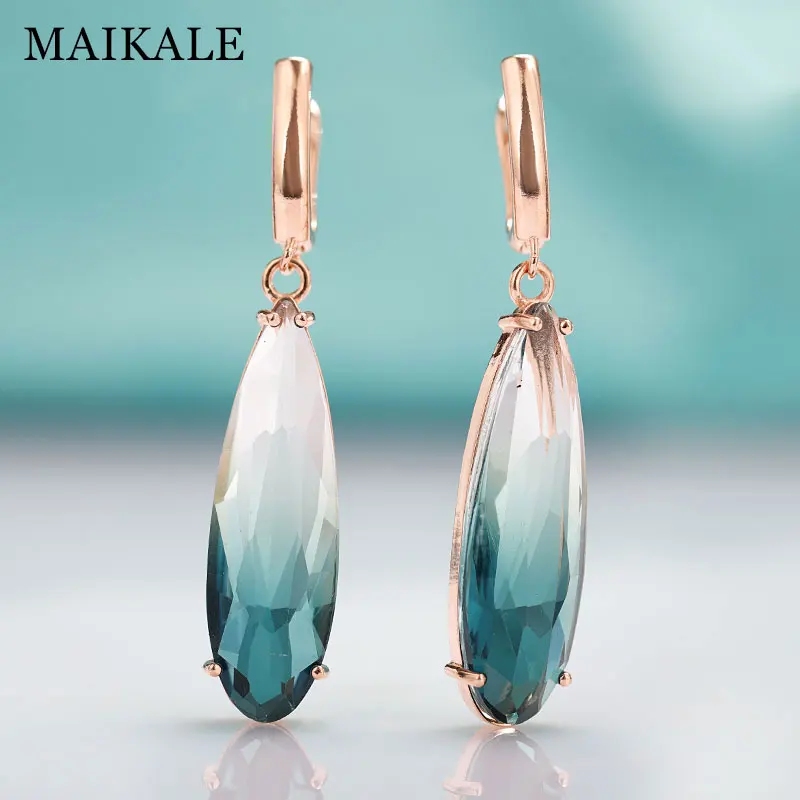 gold lake blue MAIKALE, новые длинные модные серьги для женщин, вечерние ювелирные изделия, розовое золото, большая капля воды, красочный природный Цирконий, висячие серьги, подарок - Окраска металла: gold lake blue