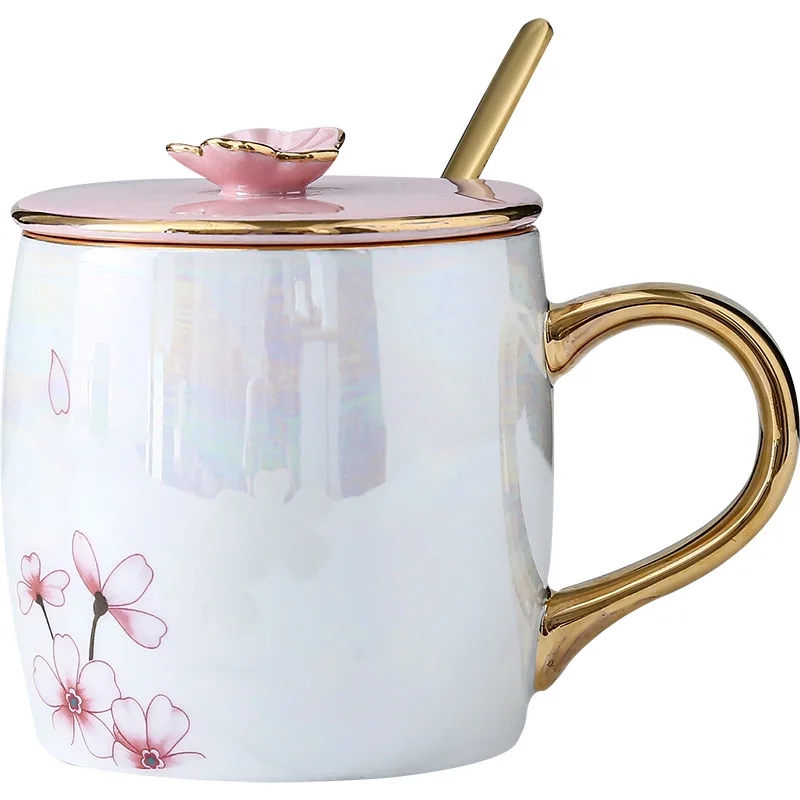 Simple Ins Flamingo Colorful Pearlescent Ceramic Mug with Lid and Spoon Pearl Glaze Female Milk Coffee Cup | Дом и сад