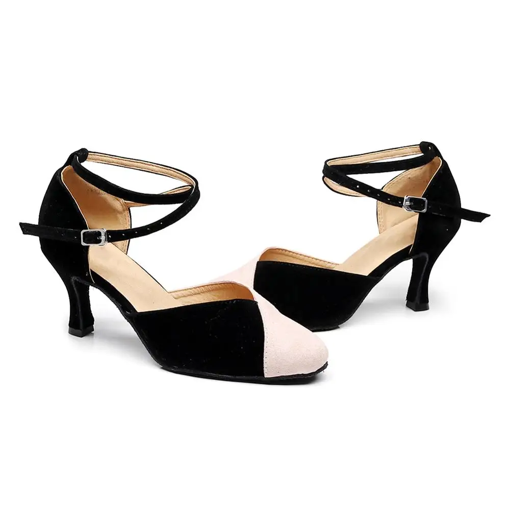 DKZSYIM Women's standard dance shoes stitching color satin high heel ladies ballroom dance shoes soft bottom modern dance shoes