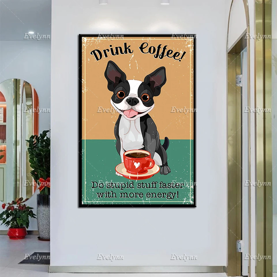 Забавный Ретро-постер с изображением французского бульдога собаки напитка кофе