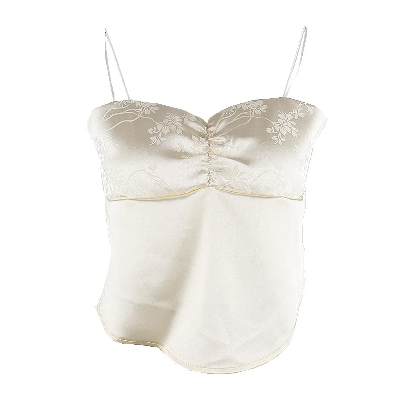 

Goth Dark Lace Up Gothic Silk Sexy Camis EGirl Ruched Backless Women Crop Tops Spaghetti Strap Floral Embroidery Slash Neck Top