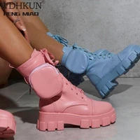 2020 autumn winter bootie pocket buckle strap pink chunky boots leather patchwork arrival platform boots mid calf cross tied