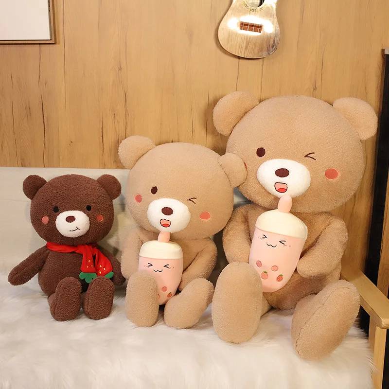 

High Quality 55/75/100CM Lovely Scarf Milk Tea Teddy Bear Doll Stuffed Animal Bear Plush Toys Lovers Girls Birthday Baby Gift