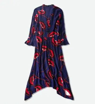 Polyester Женское платье вискоза с v-образным вырезом Миди Платье асимметричное платье с воланом - Цвет: Polyester