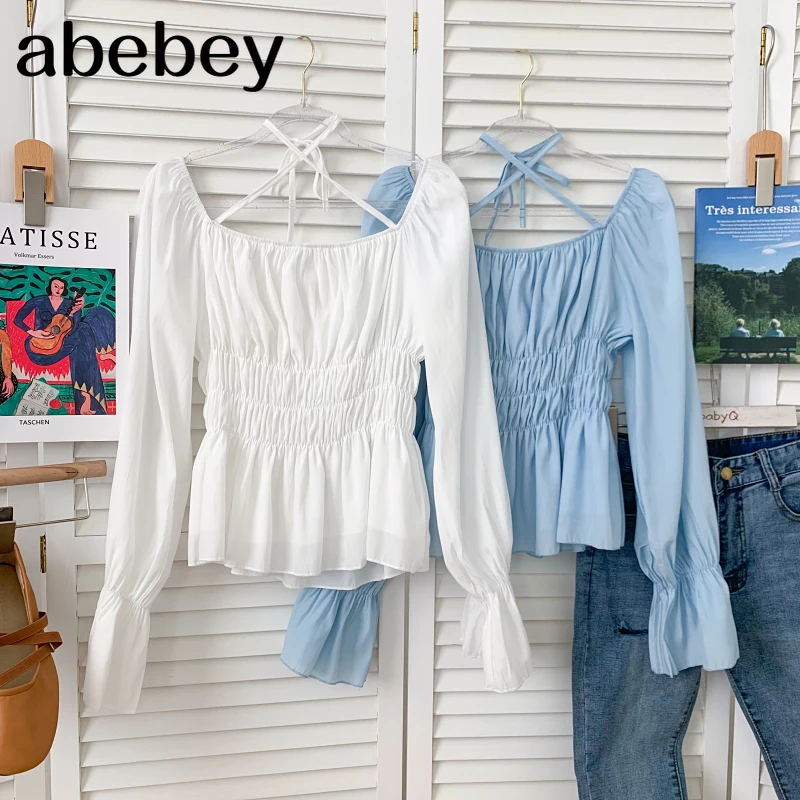 

Sweet square collar flare sleeve Shirt cross bandage Ruffles high waist pleated short Shirt Top 2021 New Spring Autumn