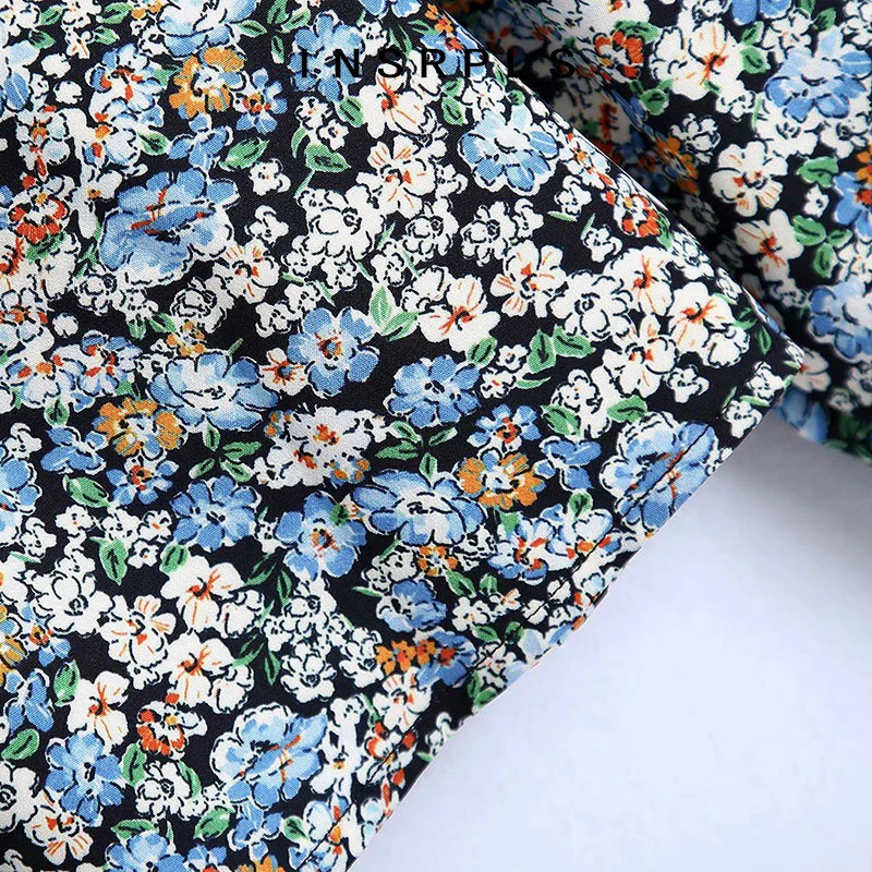 

INSRPLS Women Fashion Floral Print Loose Cropped Blouses Vintage Long Sleeve Button-up Female Shirts Chic Tops