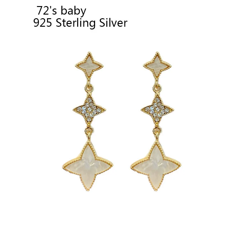 

72's Baby New Vintage Korean Fashion Jewelry Ab Rhinestone Long Drop Aretes Elegantes Lucky Four Petal Flower Shell Earrings