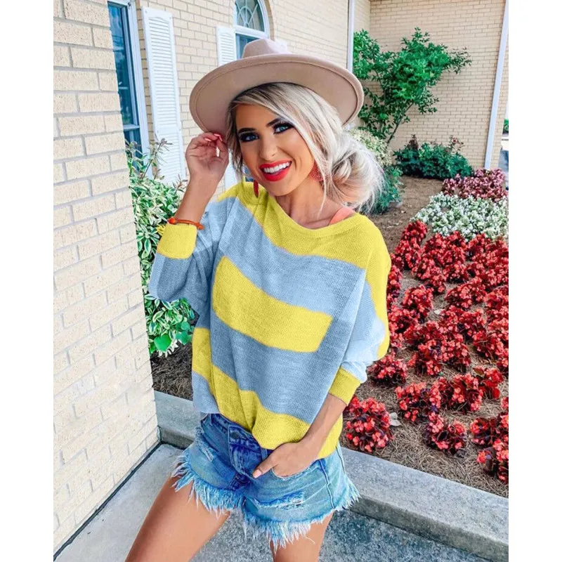 Осенняя футболка с длинным рукавом Женская Повседневная Camiseta Mujer топы Футболка Ropa Harajuku полосатая футболка Blusas Женская водолазка женская одежда - Цвет: B light blue
