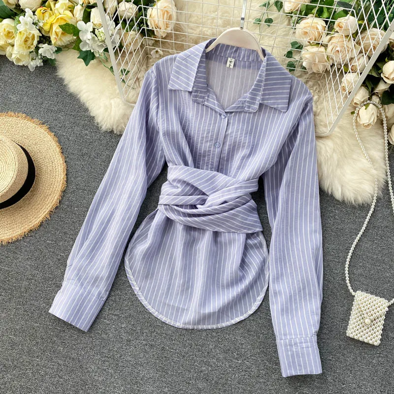 

Autumn Blouse Women Desigual Two Wear Stripe Shirt Korean Style Fashion Woman Blouses Tops Turn-down Collar Slim Female Blusas