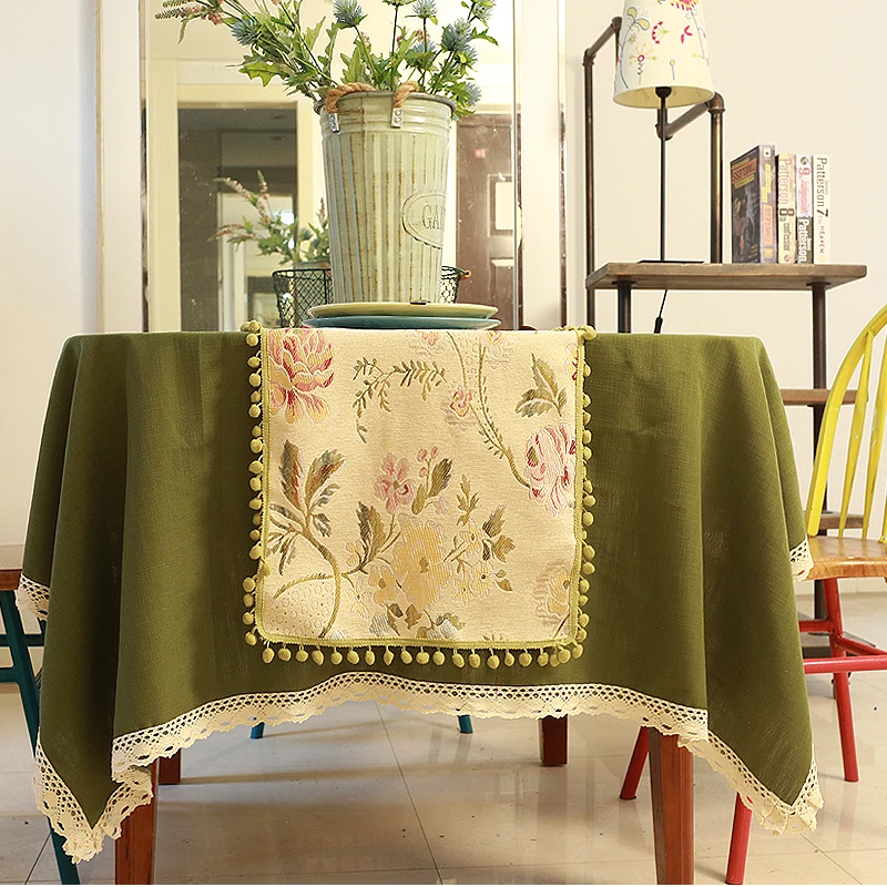 

pastoral green tablecloth floral table runner with pompom cabinet cover towel coffee table towel TV cabinet towel dustproof