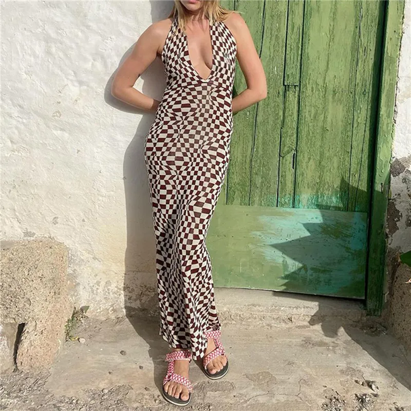 

Thorn Tree Plaid Print Summer Dress 2021 New Women Deep V-neck Halter Off Shoulder Backless Beachwear Sleeveless Long Maxi Dress