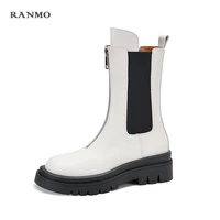leather martin boots front zipper design fashion white black mid tube chelsea boots platform shoes womens commuter boots