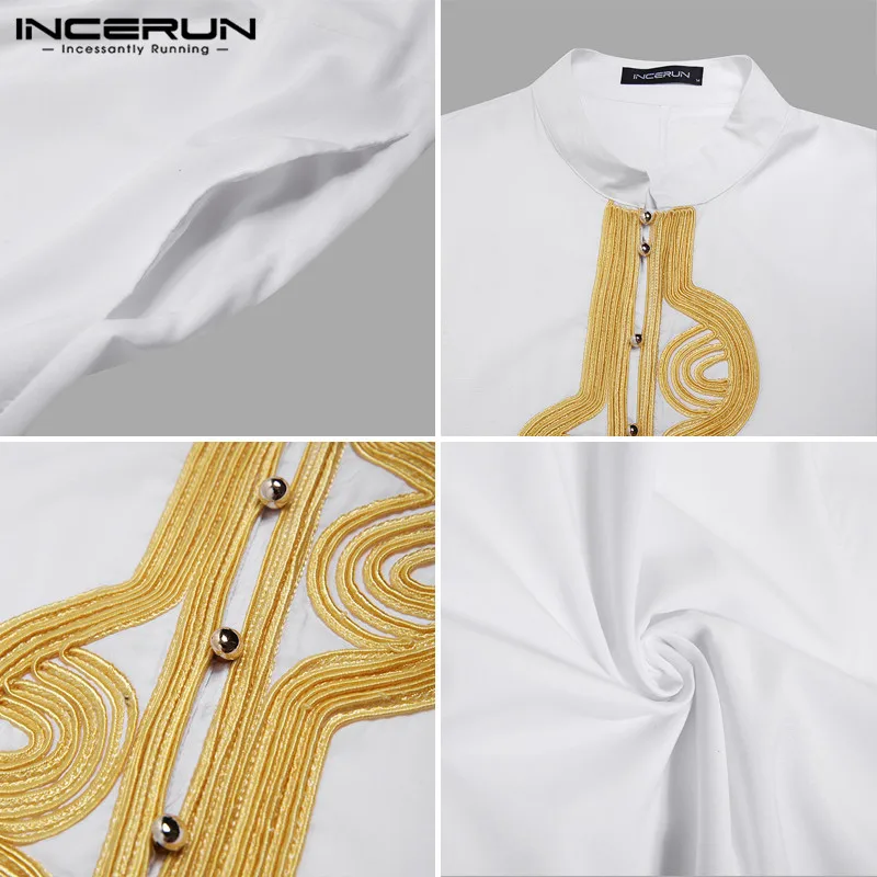 

Men Muslim Jubba Thobe Islamic Arabic Kaftan Stand Collar Long Sleeve Retro Embroidery Robes Dubai Leisure Men Clothing INCERUN
