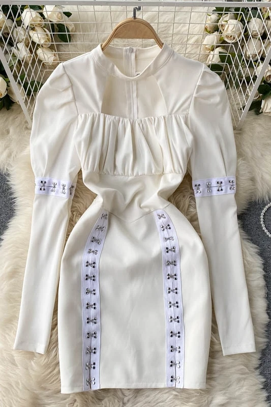 

Spring women's dress 2021 new design hollow folds Slim short female buckle bag hip black dress female