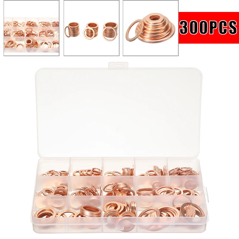 

300pc M5 M6 M8 M10 M14 M16 m 18 M20 Copper Washers Gaskets Rings Sealing Ring Assortment Copper Seals Oil Drain Plug Tool