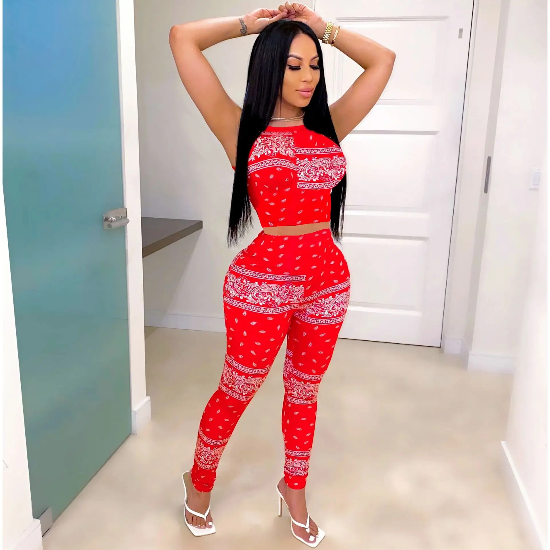 Женский костюм повседневный модный принт без рукавов с коротким рукавом брюки 2