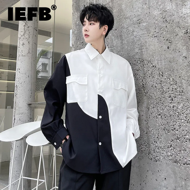 

IEFB Men's Chic Black And White Stitching Shirts Double Pocket Design Oversized Shirt 2022 Autumn New Design Fashion Tops 9Y9179