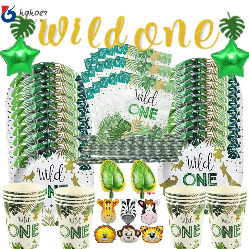 И надписью Wild One 1st на день рождения лес посуда в виде животных сафари украшения