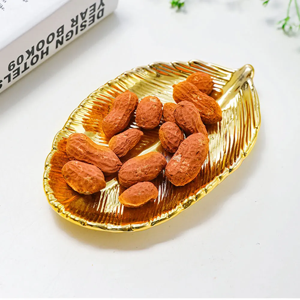 

Gold Leaf Ceramic Plate Decorative Cosmetics Jewelry Tea Tray For Decoration Candy Plate Crockery Tableware Home Accessories