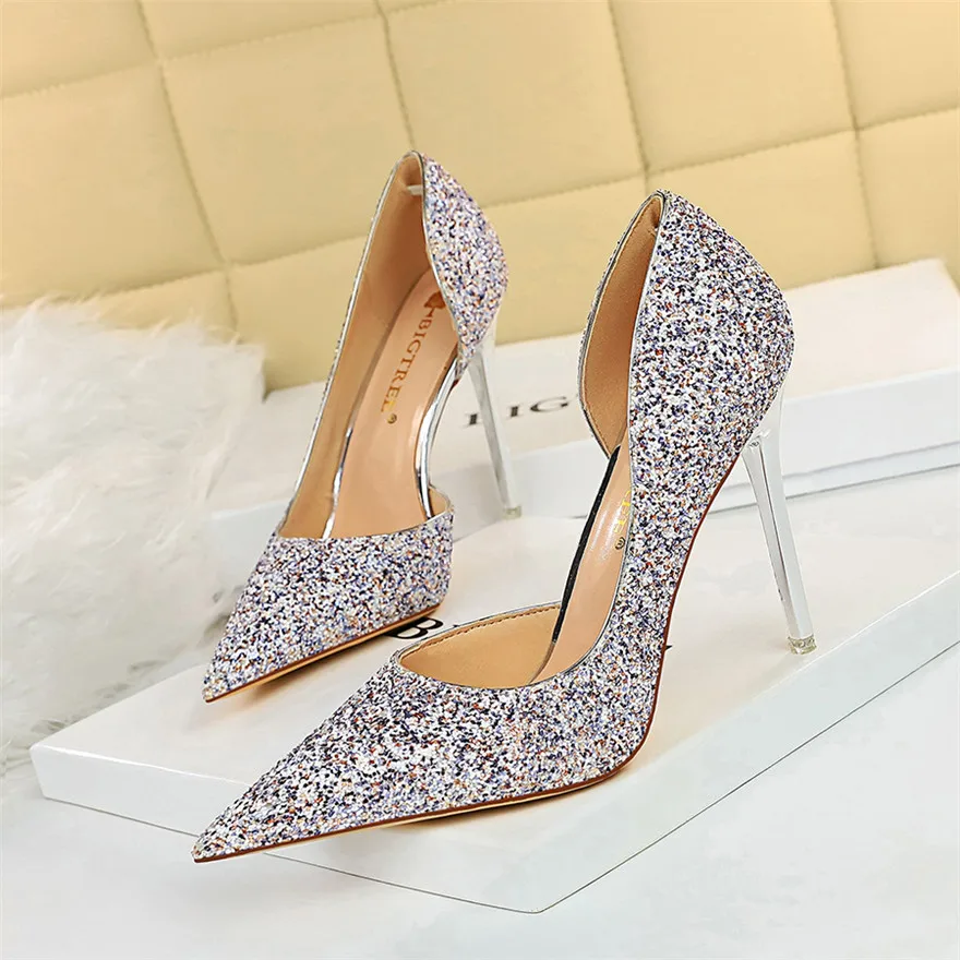 Star Style Sequined Cloth Wedding Shoes For Women New Autumn Stiletto High Heels Pointed Toe Female Side Hollow Sexy Party Pumps