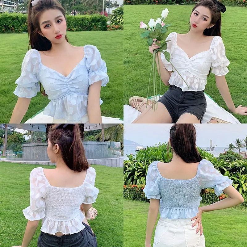 

Sweet Style Blouses For Women Fashion Wild Polka Dot Pattern Chiffon Top Sexy V Neck Short Sleeves Crop Shirts
