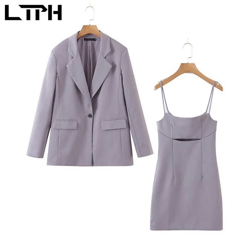 

LTPH streetwear purple suit 2 piece set women loose blazer sexy hollow sleeveless Package Hip dress suits 2021 autumn new