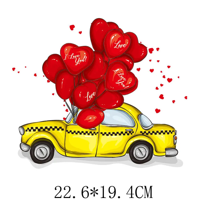 

22.6x19.4cm Lovely Heart Car Iron On Patches For DIY Heat Transfer Clothes T-Shirt Thermal Stickers Decoration Printing