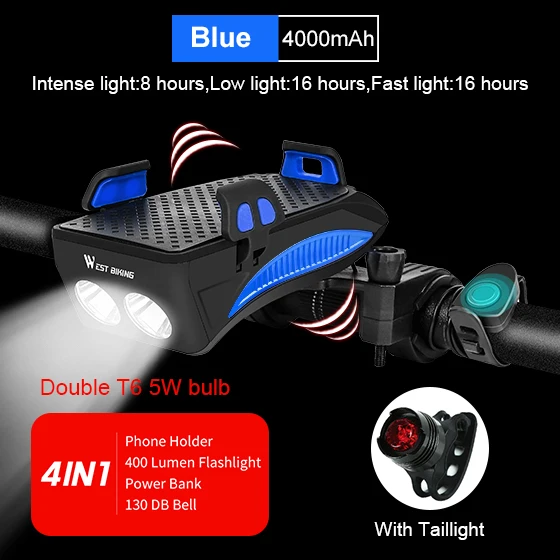 4000 mAh Blue Set WEST BIKING 4 в 1 велосипедный светильник вспышки светильник велосипед Рог сигнализации колокол держатель телефона Мощность банка для велосипеда, аксессуары для езды на велосипеде, спереди светильник - Цвет: 4000 mAh Blue Set