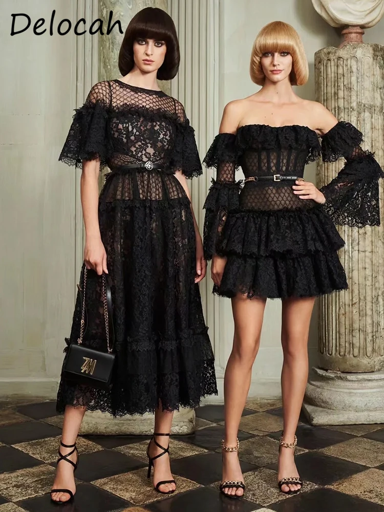 

Delcoah Spring Woemn Black Print Midi Dress Short Sleeve Gorgeous Ruffles Lace Elegant Ladies Fashion Designer A-Line Dresses
