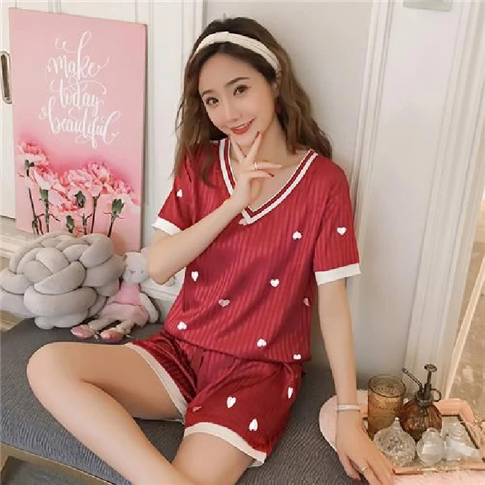 Пижама для женщин лето 2020 милый Принт короткий рукав шелк v-образный вырез