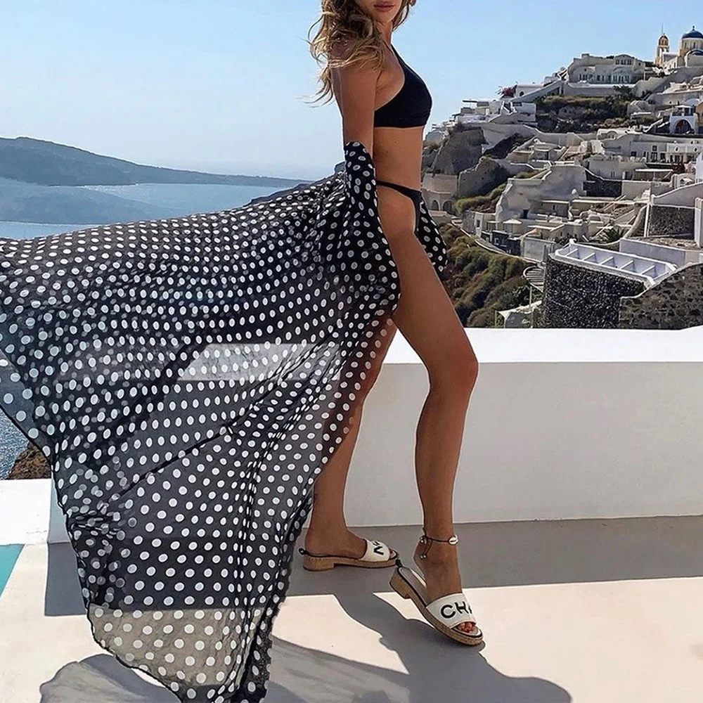 

Women Sexy Polka Dot Bikini Cover Up Beach Dress Swimwear Chiffon Beachwear Bathing Suit Summer Holiday Casual Long Cardigan