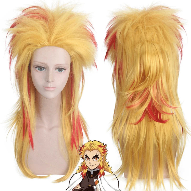

60CM Demon Slayer Kimetsu no Yaiba Rengoku Kyoujurou Wig Cosplay Costume Heat Resistant Synthetic Hair Halloween Party Wigs