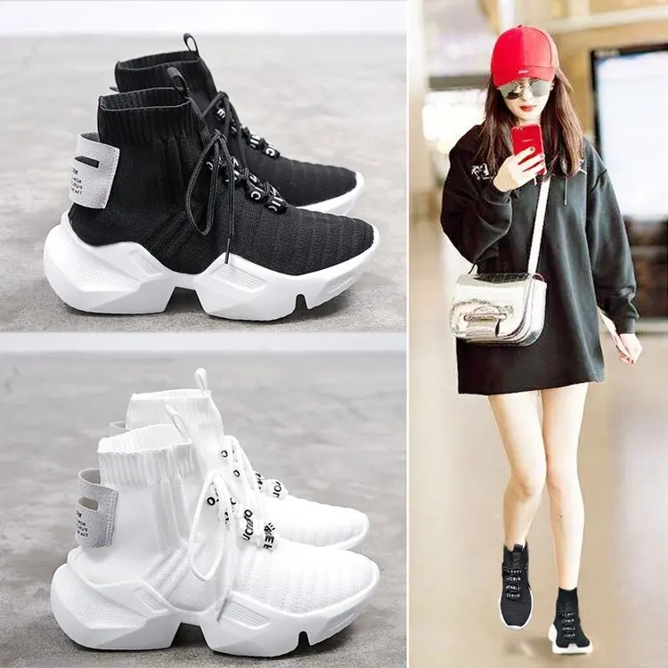 

High-top Platform Sneakers Women Knitted Casual Shoes Woman White Black Sneakers Air Mesh Chunky Trainers Dad Shoes new