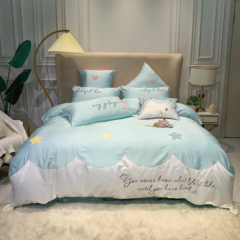 

100% Cotton Satin Bedding Set Embroidery Letters 4pcs Heart Princess Style