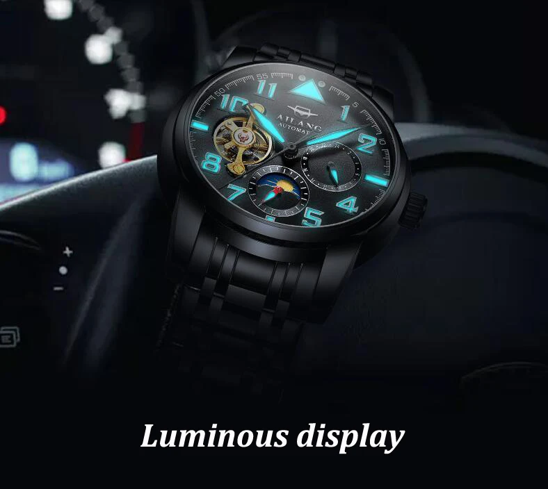 Мужские часы с Лунной фазой черные стальные военные спортивные наручные