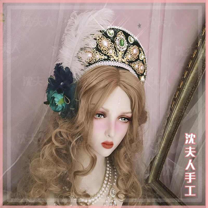 

Hand made Palace Style Retro Gorgeous Lolita Bead Chain cross kc feather Hat Hair Ornament / Goth Cosplay Multi color Gem Crown