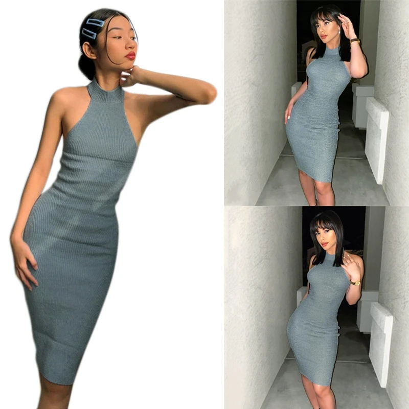 

Sleeveless Halter Bodycon Sexy Midi Dress Summer Women Fashion Streetwear Outfits Pure Sundress Party Wear