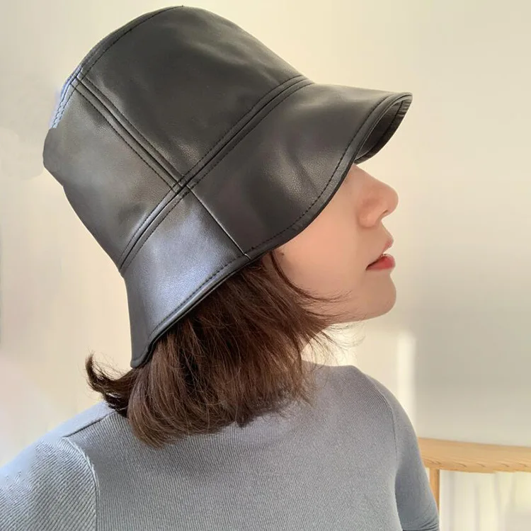 

Japanese Designer New Autumn and Winter PU Leather Fisherman Hat. Korean Version of The Basin Cap of Abstinence.Small Bucket Cap