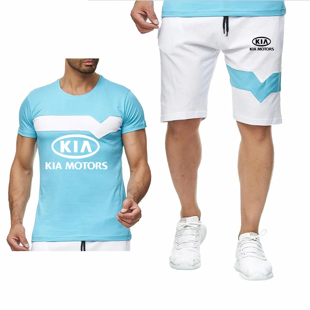 

Summer Mens T-Shirt KIA Car Logo Casual Short sleeve Hip Hop Colorblock high quality Cotton Men's T-shirt+shorts suit 2pcs