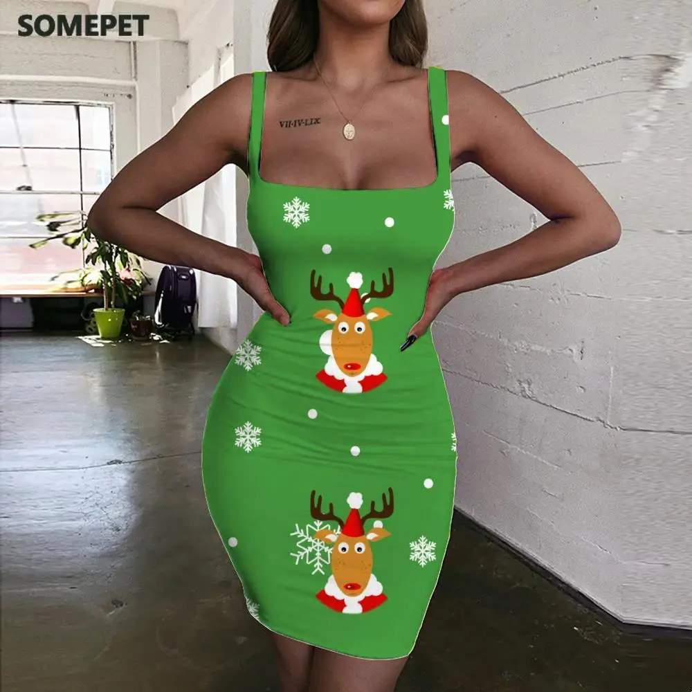 

SOMEPET Christmas Dresses Women Animal 3d Print Painting Sundress Snowflake Vestido Sexy Womens Clothing Party New Korean Style