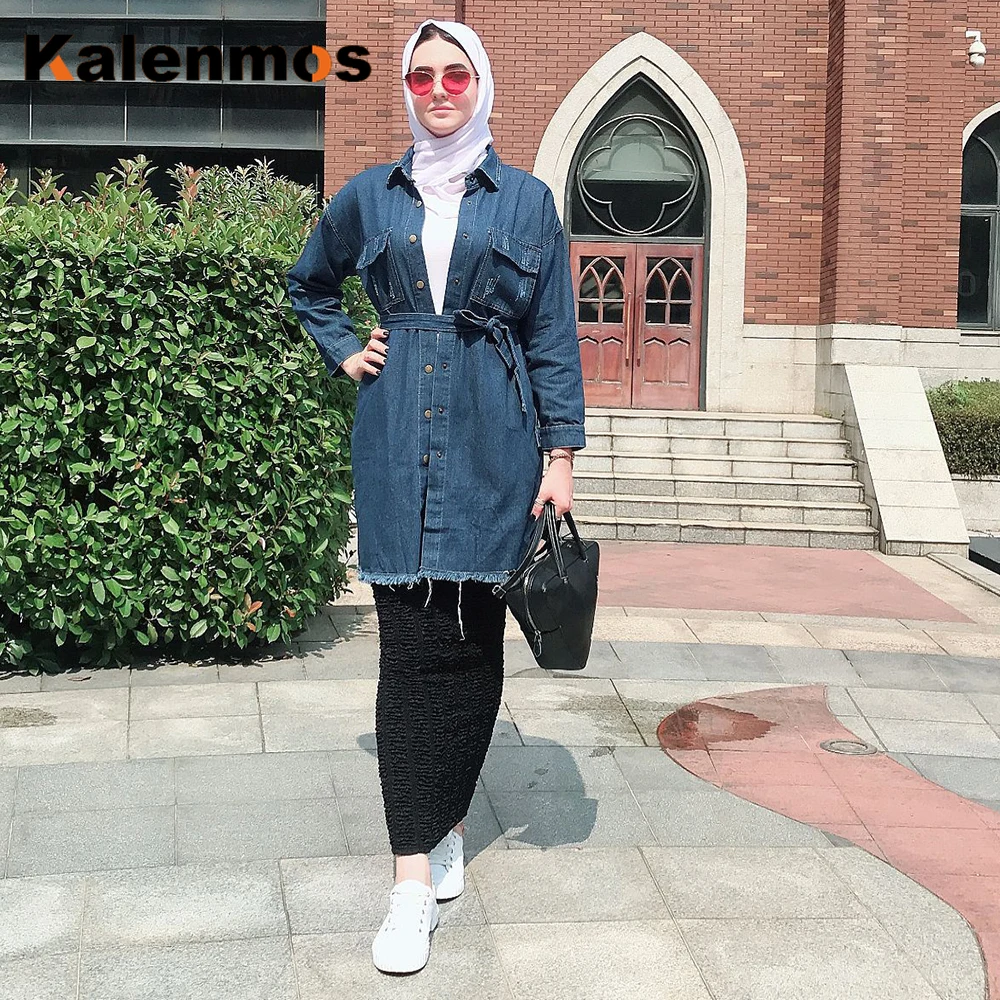 

Kalenmos Muslim Outwear Jeans Women Single-breasted Lace-up Denim Coat Spring Slim Lapel Jacket Coats Islamic Clothing with Belt