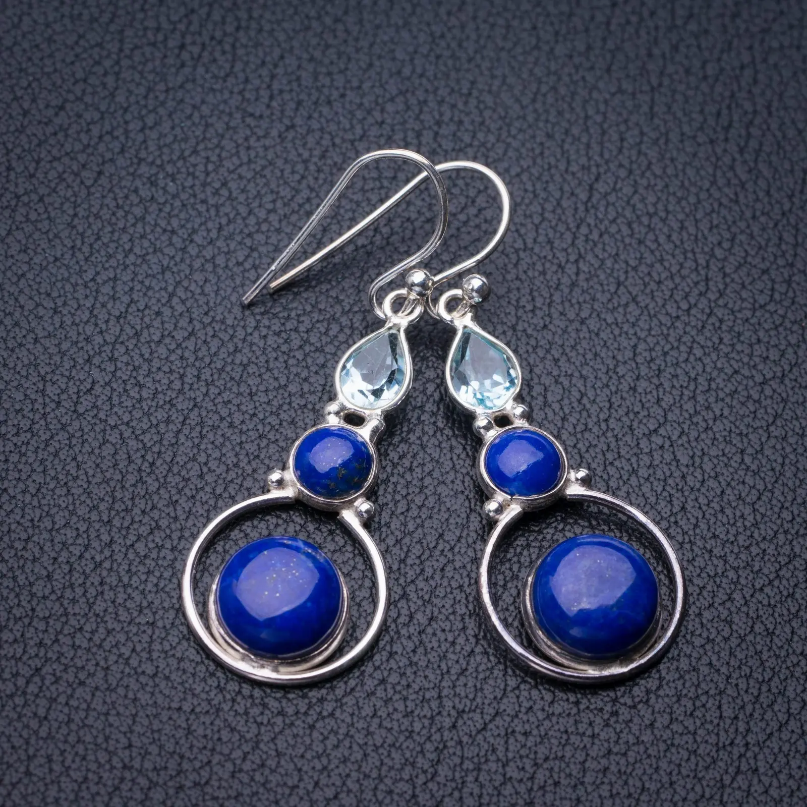 

StarGems Natural Lapis Lazuli And Blue Topaz Handmade 925 Sterling Silver Earrings 1.75" E1276