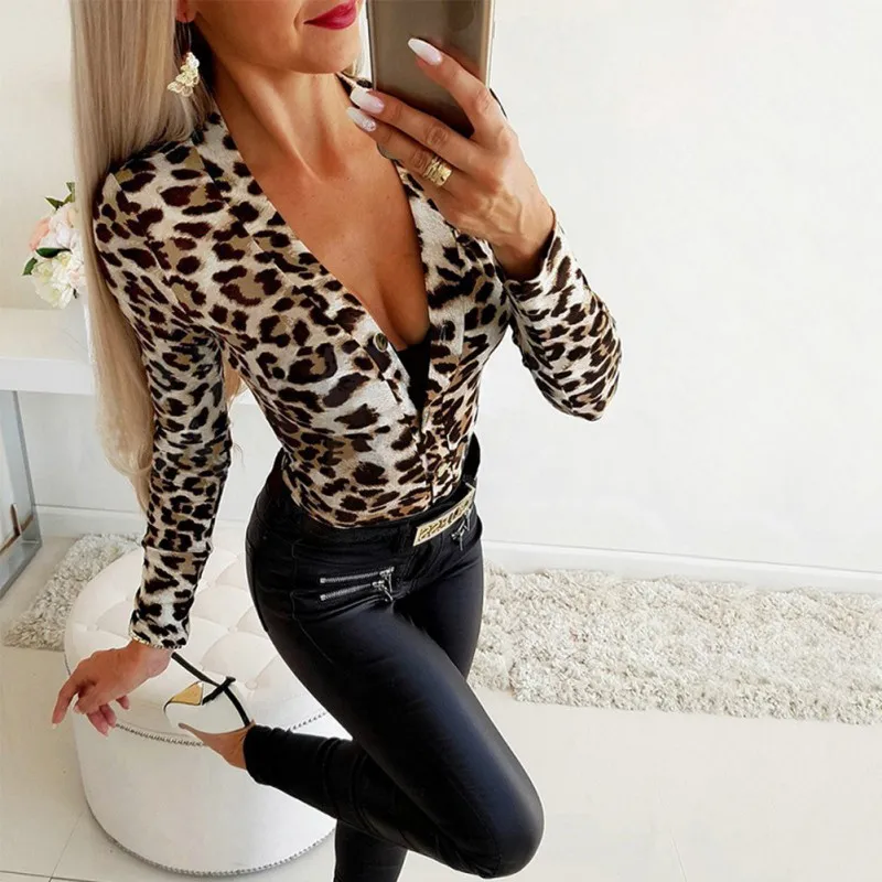 

Sexy Deep-V Bodysuit For Women Leopard Print Long Sleeve Bodycon Sexy Chic Bodysuit For Women Clothing