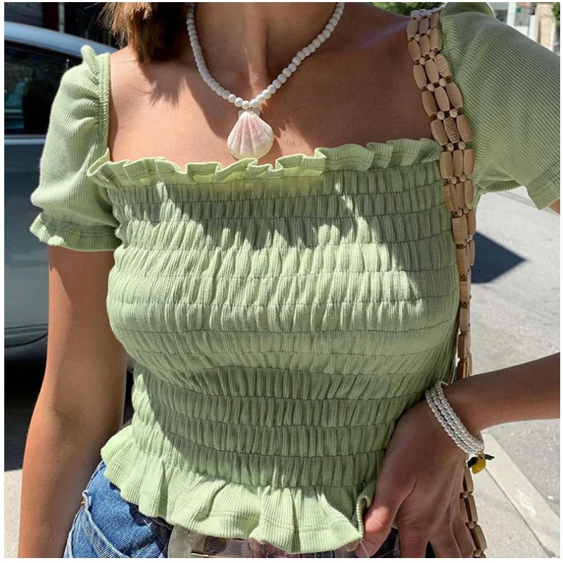 

2021 Summer Women's Short Sleeve T-shirt Square Collar Solid Fashion Elasticity Sexy Slimming Casual Female Knitted Short Tops
