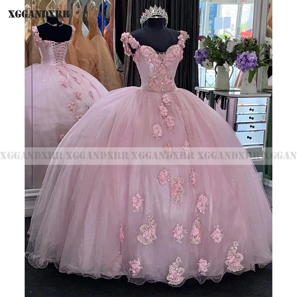 

Beautiful Ball Gown Quinceanera Dress 2022 Tulle Beading Long Skirt Pink Sleeveless Sweet 15 16 Birthday Party Sweep Train