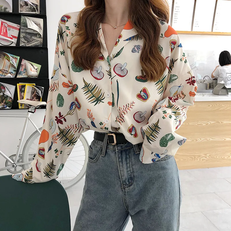 

Vintage Chiffon Blouse long sleeve Women's Autumn Office Shirt Casual Tops Turn-down Collar shirt females clothing fruit printed