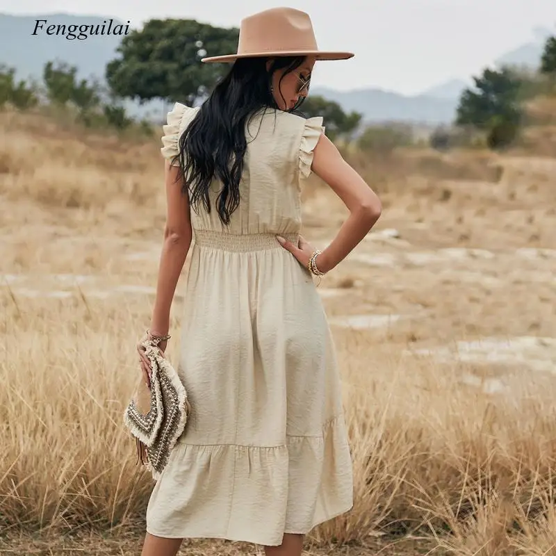 

Women's 2021 Spring / Summer Solid Color Hollow Out Stitching Beach Causal Elegant Street Out Waer Dress