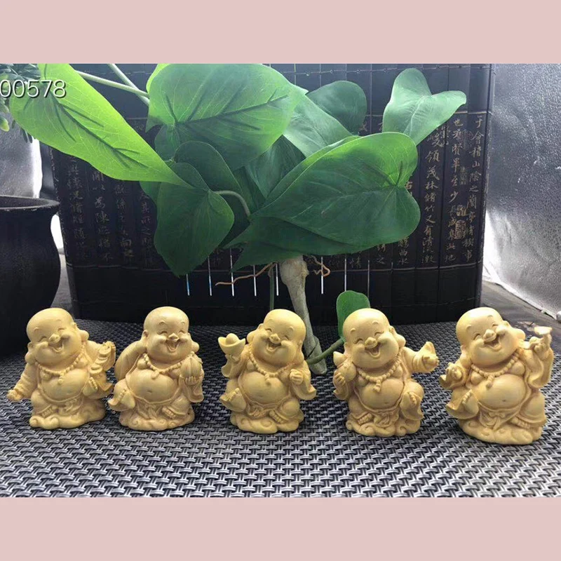 

Wufu Shami smiling Buddha statue solid wood carving, modern craft sculpture artwork, home decoration mini craft gift Fuwa statue