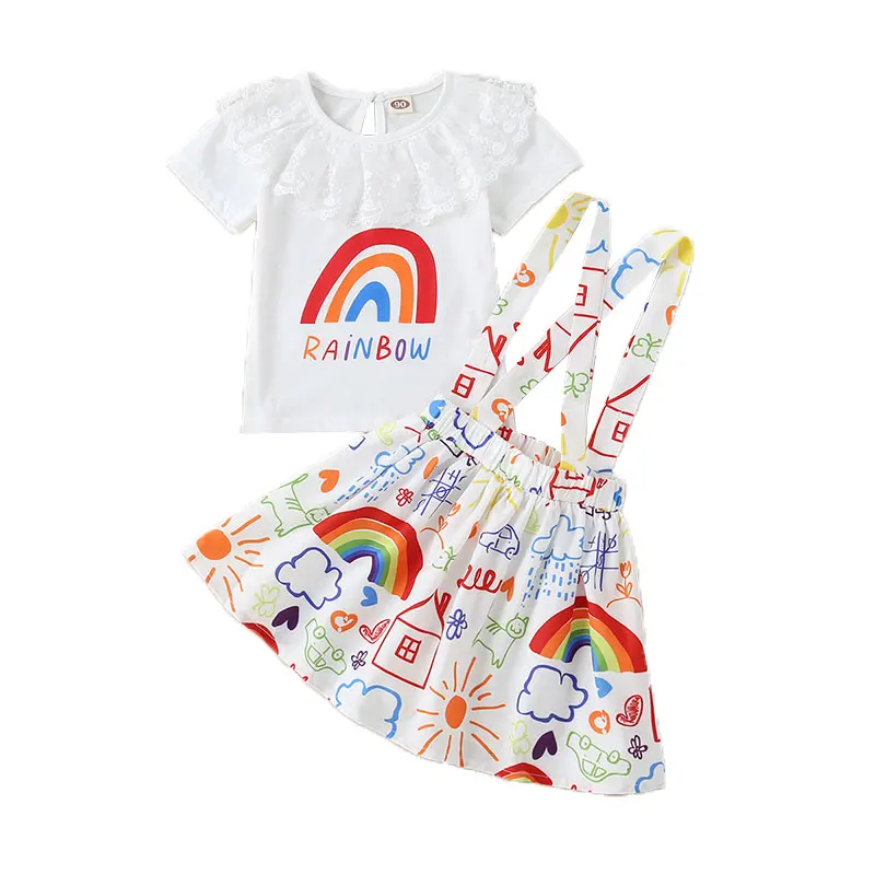 

Детские летние топы с коротким рукавом и радужными буквами для маленьких девочек, футболки, платья на бретелях с принтом, комплекты детской ...