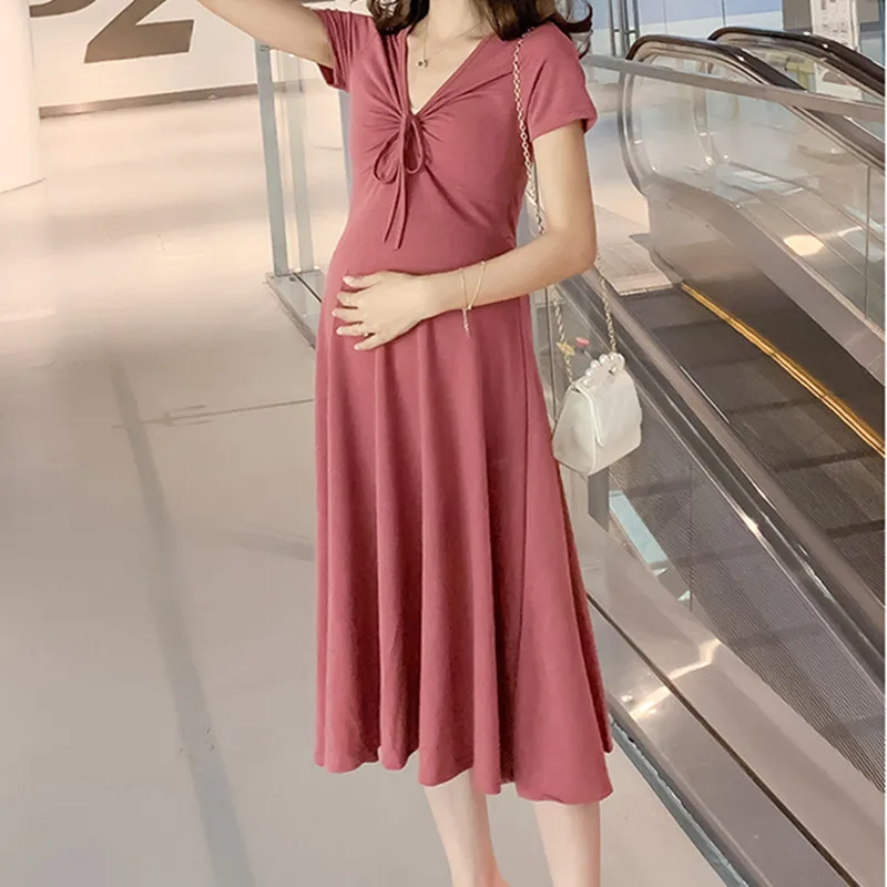 

Pregnancy Dress with Neckline Tie Maternity Gowns V-neck Slimming Dress Women Elegant Korean Dresses Summer Maternity Clothes